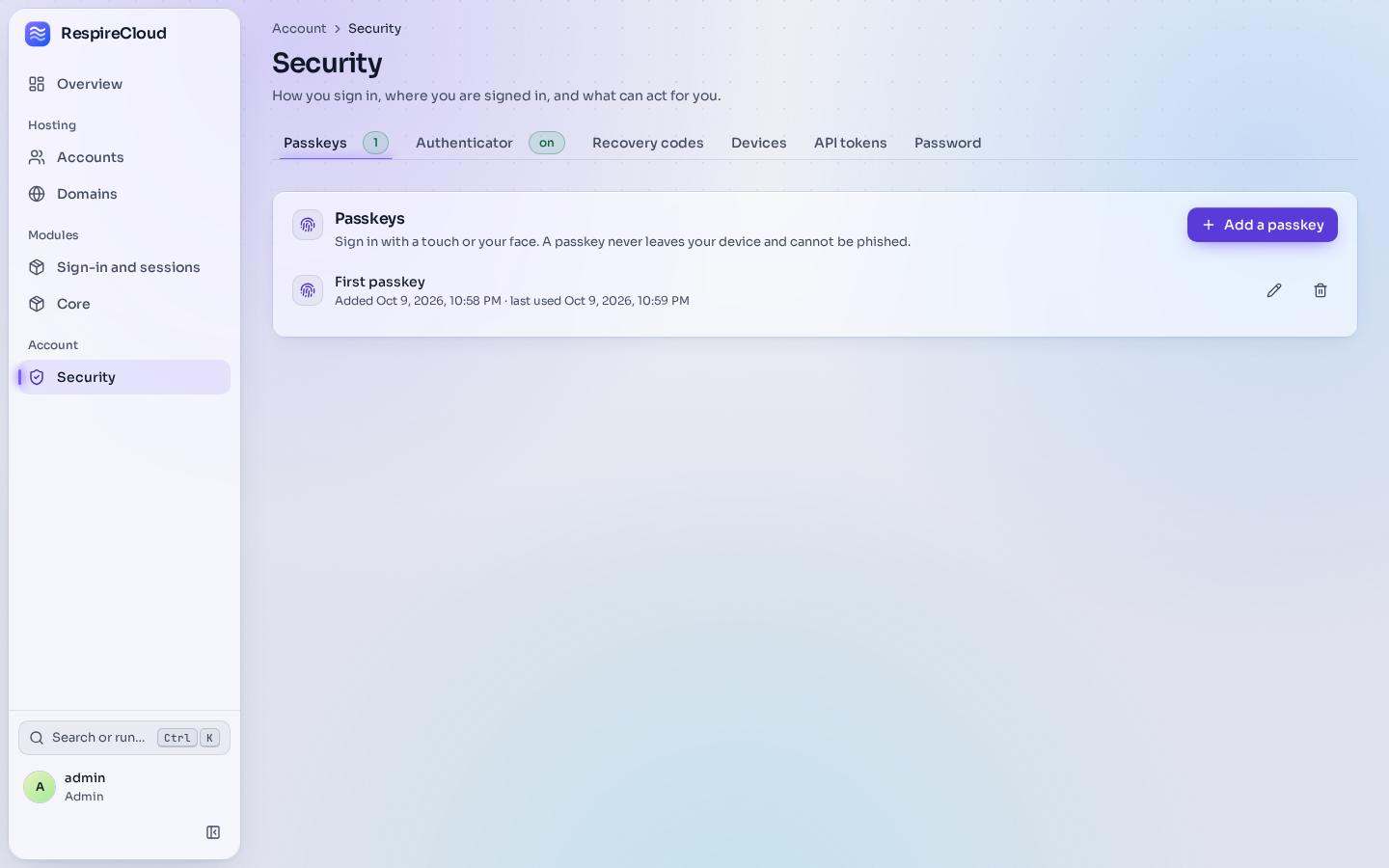 The Security page with passkeys, authenticator, recovery codes, devices, API tokens and password tabs.