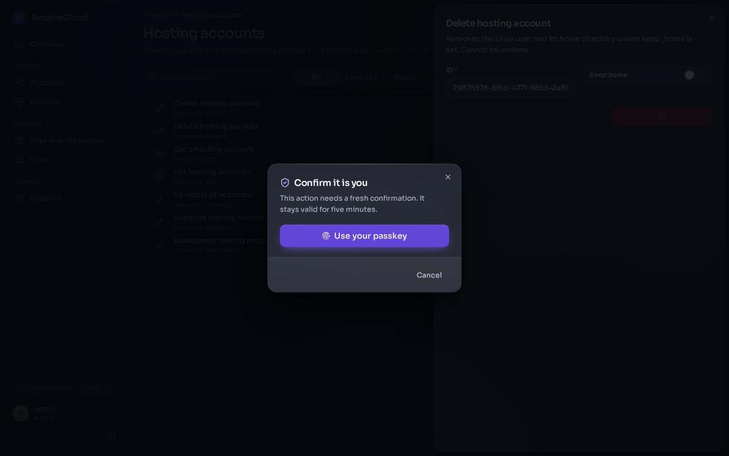 The Confirm it is you dialog asking for a passkey before deleting a hosting account.