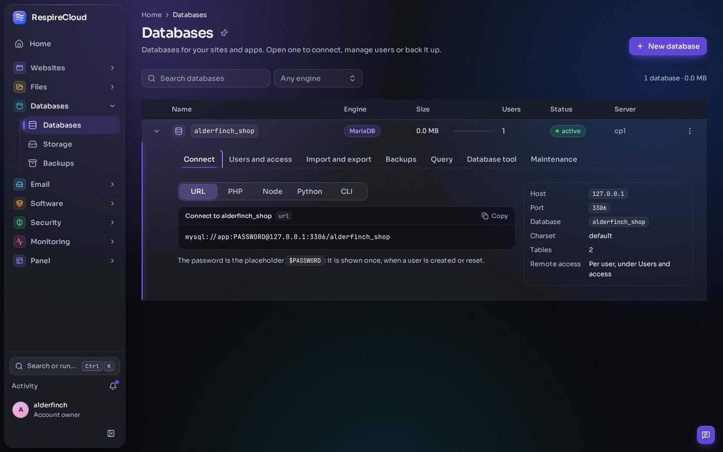 A database opened on its Connect tab: a connection string with a password placeholder, language tabs, and its host, port, charset and table count.