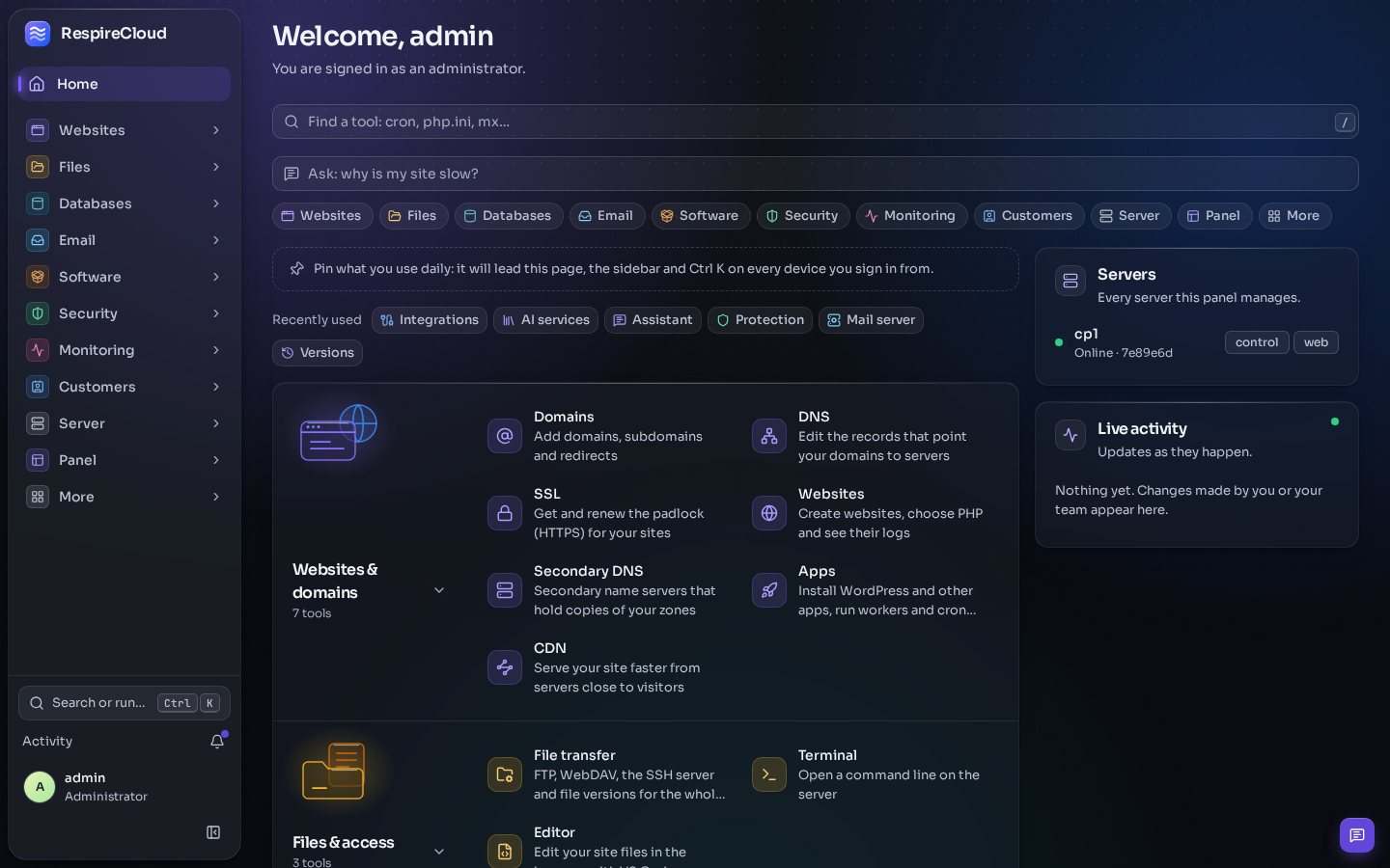 The RespireCloud home screen: a tool search, an Ask box that suggests 'why is my site slow?', tools grouped into categories such as Websites and domains, and the servers this panel manages.
