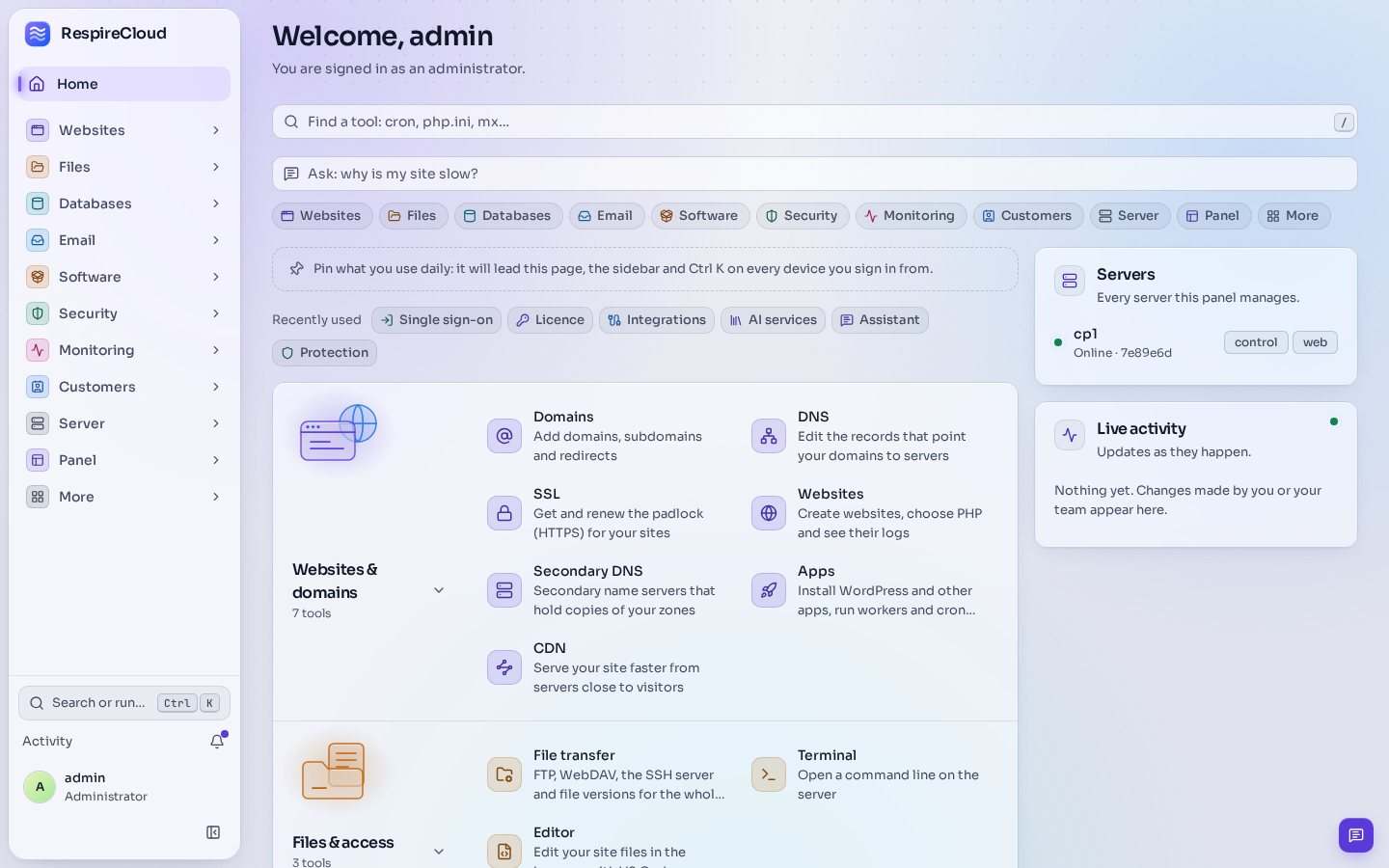 The RespireCloud home screen: a tool search, an Ask box that suggests 'why is my site slow?', tools grouped into categories such as Websites and domains, and the servers this panel manages.