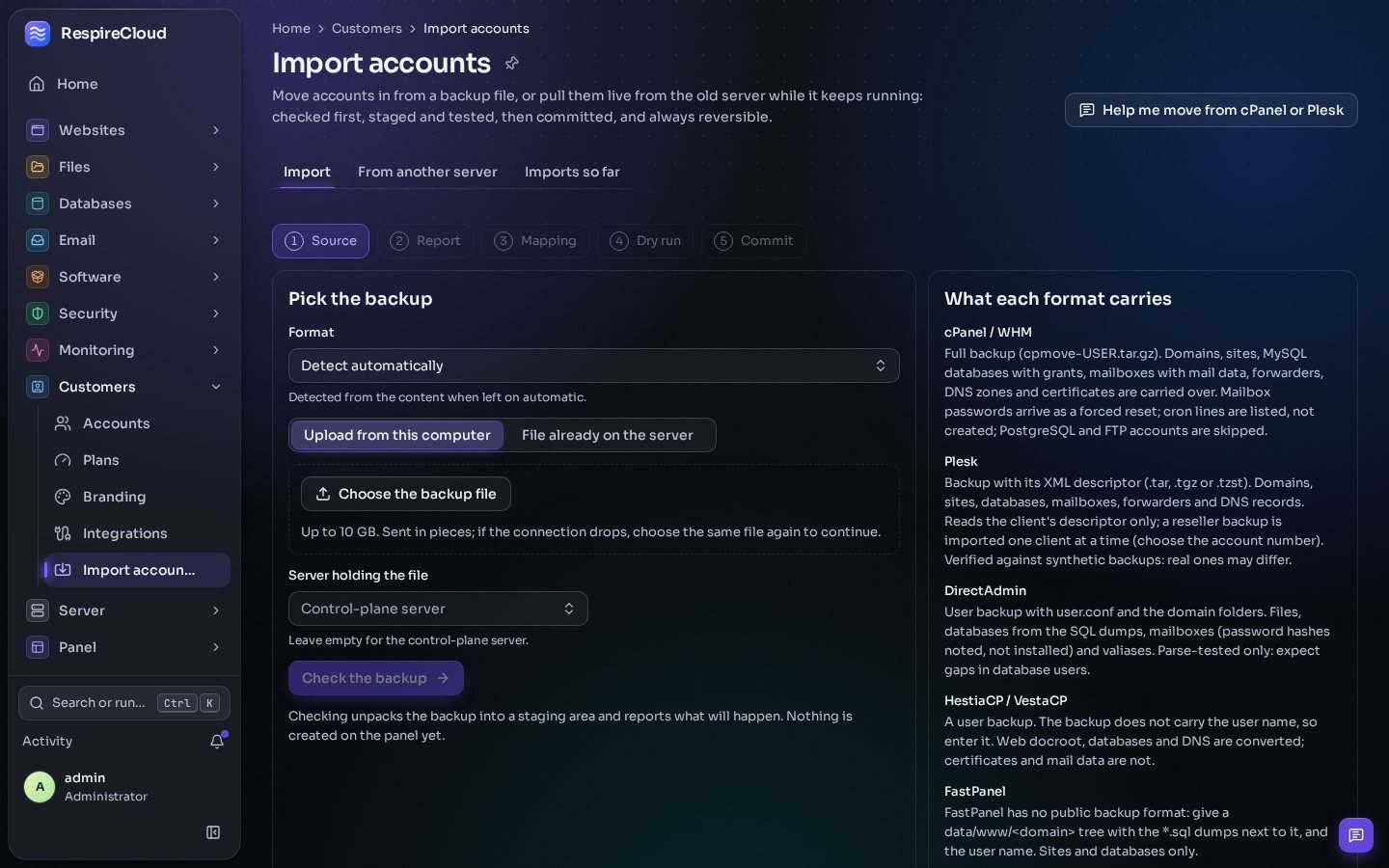 Import accounts: tabs for Import, From another server and Imports so far, the stages Source, Report, Mapping, Dry run and Commit, a form to pick the backup, and a panel listing what cPanel, Plesk, DirectAdmin, Hestia and FastPanel backups carry.