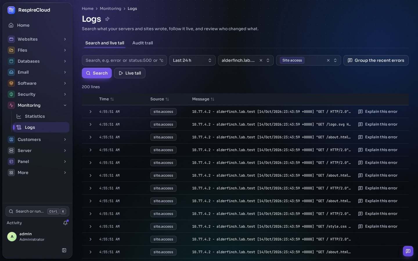 The Logs page searching one site's access lines over 24 hours, with filters for time range, site and source and a Live tail button.