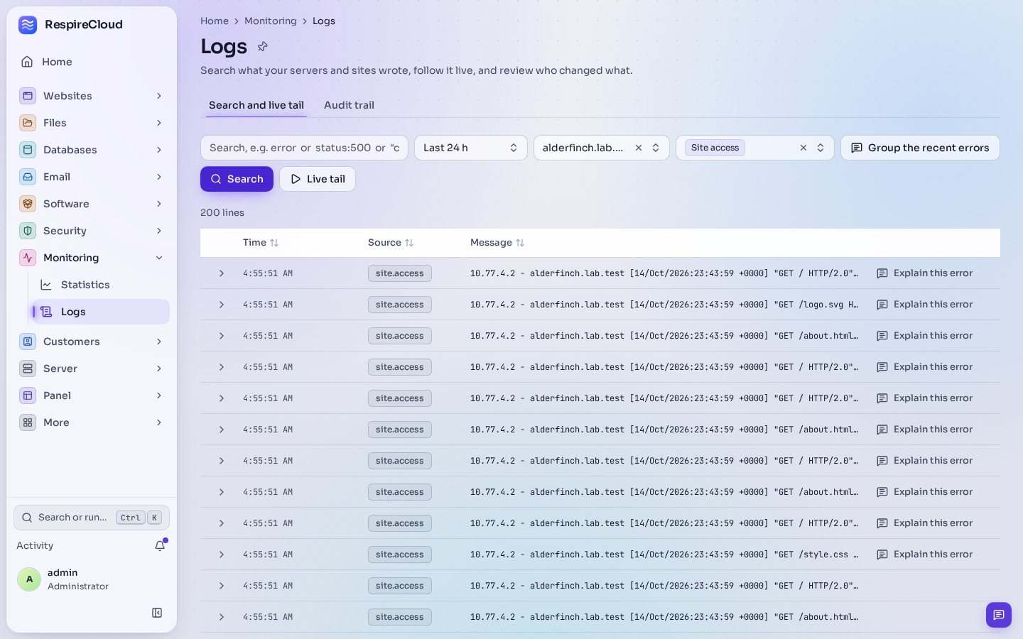 The Logs page searching one site's access lines over 24 hours, with filters for time range, site and source and a Live tail button.
