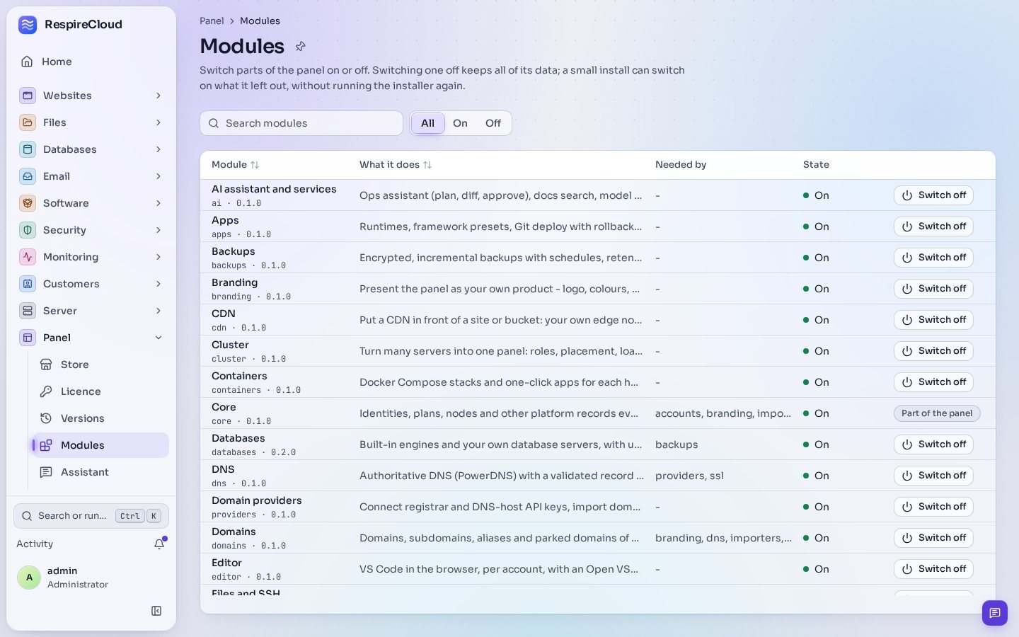 The Modules page: every module with what it does, which modules need it, its state and a Switch off button.