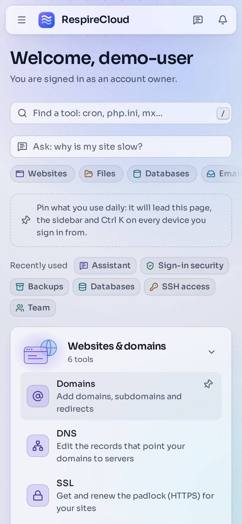 The customer Home on a phone: a welcome line, the tool search, the Ask box, category chips, recently used tools and the Websites and domains group.