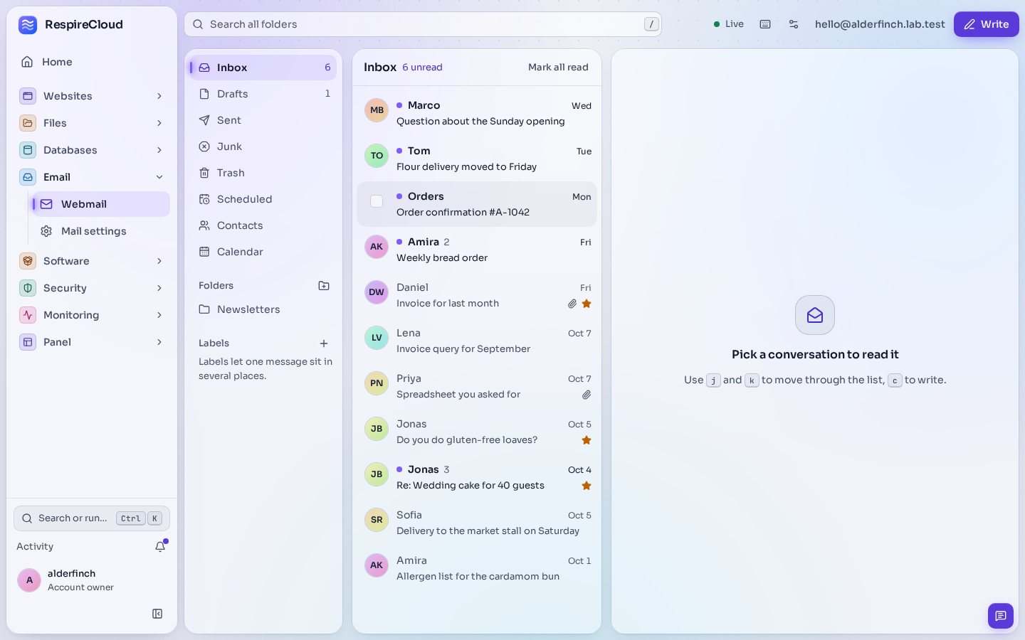 Webmail for one mailbox, opened from the panel.